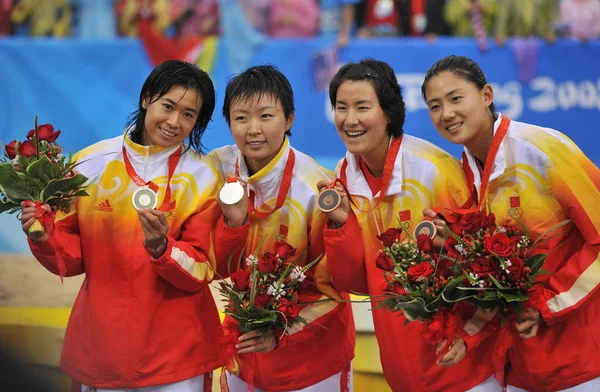 Fra Sølvmedaljevinnere Tian Jia Wang Jie Fra Kina Bronsemedaljører Zhang – stockfoto