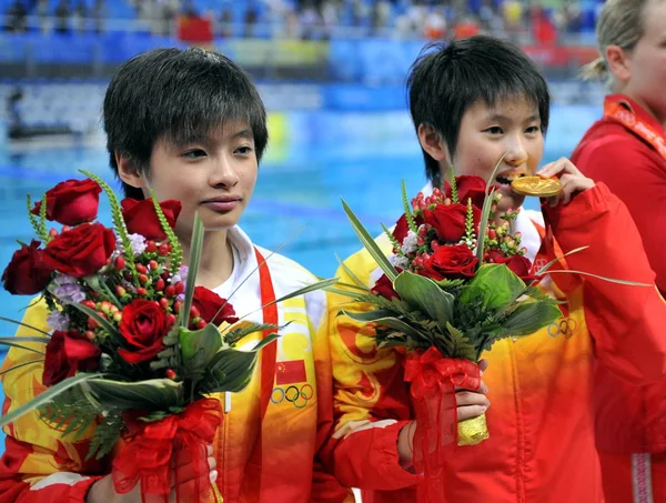 Médaillé Chinois Chen Ruolin Deuxième Gauche Médaillé Bronze Wang Xin — Photo