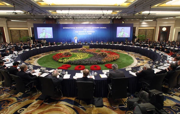 Kísérők Hallgatni Beszédet Han Zheng Polgármestere Sanghaji Során Konferencia Nemzetközi — Stock Fotó