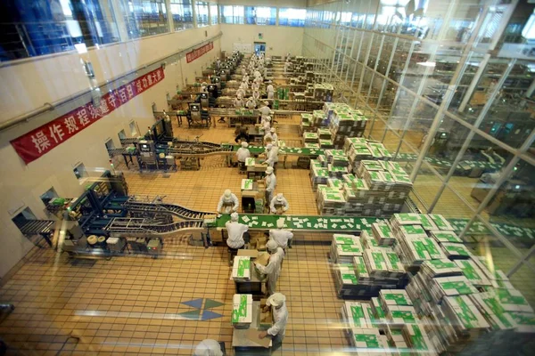 Китайские Фабричные Рабочие Упаковывают Менгню Молоко Производственной Линии Молочном Заводе — стоковое фото
