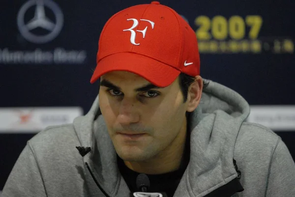 Roger Federer Van Zwitserland Tijdens Een Persconferentie Nadat Hij Werd — Stockfoto