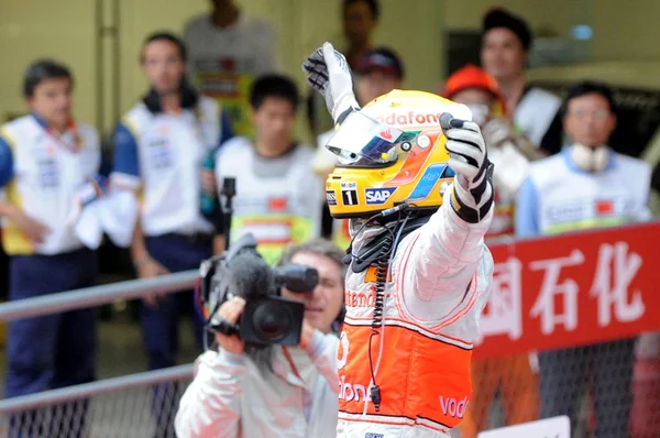 Lewis Hamilton Piloto Britânico Mclaren Team Comemora Depois Vencer Grande — Fotografia de Stock