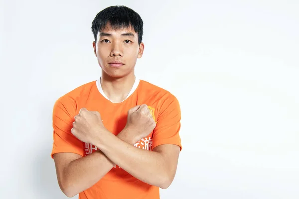 Retrato Del Futbolista Chino Zhang Haoran Wuhan Zall Para Súper —  Fotos de Stock