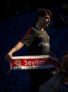 A football fan holds a banner to show support for Sevilla FC against RCD Espanyol during their 28th round match of the La Liga 2018-2019 season at RCDE Stadium in Barcelona, Spain, 17 March 2019. clipart