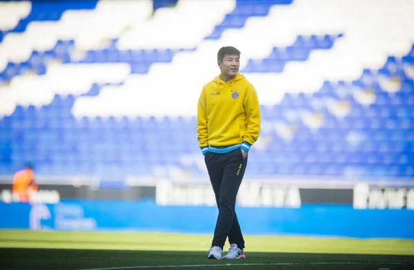 Lei Rcd Espanyol Prohřívá Než Kolo Zápas Proti Sevilla Během — Stock fotografie