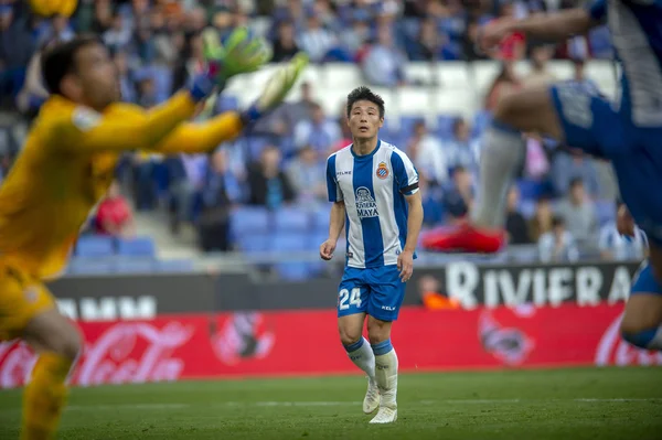 Lei Rcd Espanyol Powrót Zegarki Trudnych Pozycji Bramkarza Drużyny Juan — Zdjęcie stockowe