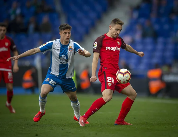 Javi Puado Rcd Espanyol Lewy Wyzwań Marko Rog Sevilla Podczas — Zdjęcie stockowe