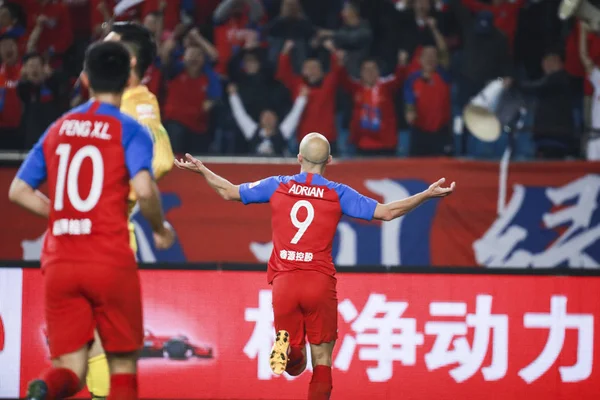 Polish Football Player Adrian Mierzejewski Chongqing Swm Right Celebrates Scoring — Stock Photo, Image