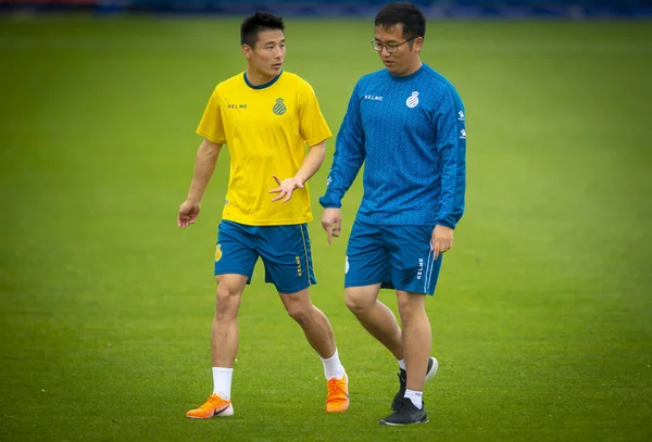 Pesepak Bola Cina Lei Pergi Berbicara Dengan Penerjemahnya Selama Sesi — Stok Foto