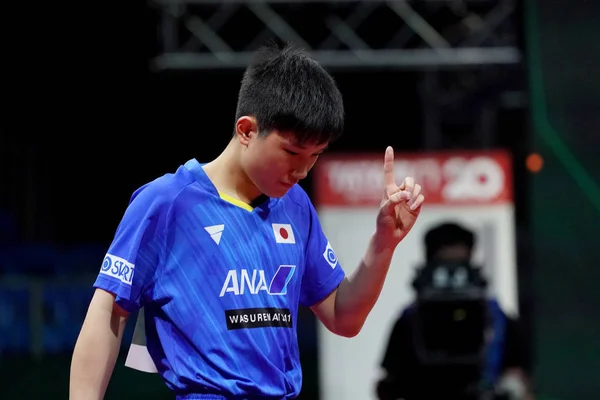 Tomokazu Harimoto Japon Célèbre Après Avoir Marqué Contre Denis Ivonin — Photo