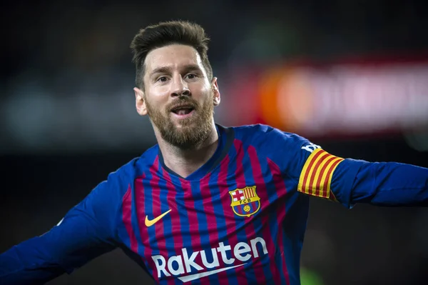 Lionel Messi Barcelona Świętuje Strzelił Gola Przeciwko Levante Podczas Ich — Zdjęcie stockowe