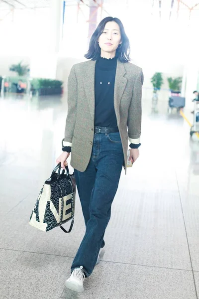 Modelo Chino Liu Wen Llega Aeropuerto Internacional Beijing Capital Antes — Foto de Stock
