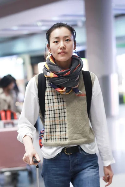Modèle Chinois Liu Wen Arrive Aéroport International Pékin Après Avoir — Photo