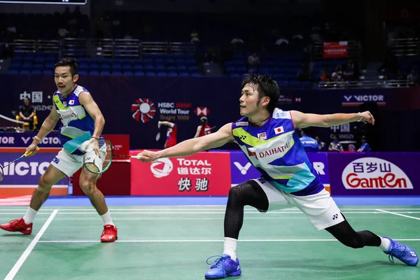 Jogadores Badminton Profissionais Japoneses Takeshi Kamura Keigo Sonoda Competem Contra — Fotografia de Stock
