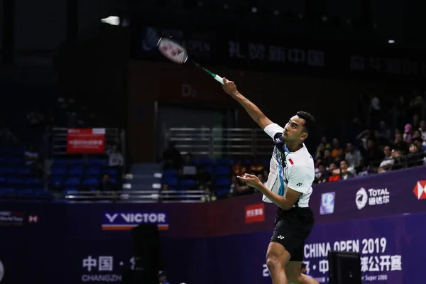 Jugador Bádminton Profesional Indonesio Tommy Sugiarto Compite Contra Jugador Bádminton — Foto de Stock