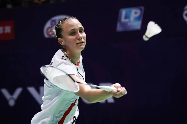 Ρωσίδα Επαγγελματίας Badminton Player Evgeniya Kosetskaya Διαγωνίζεται Την Ιαπωνέζα Επαγγελματία — Φωτογραφία Αρχείου