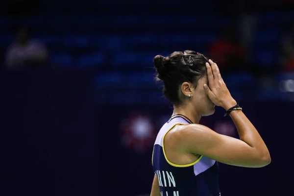 Jucătorul Profesionist Spaniol Badminton Carolina Marin Concurează Împotriva Jucătorului Profesionist — Fotografie, imagine de stoc