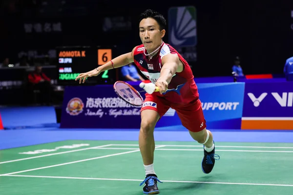 Jogador Profissional Japonês Badminton Kento Momota Compete Contra Jogador Profissional — Fotografia de Stock