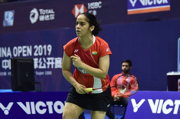 Jugador Bádminton Profesional Indio Saina Nehwal Compite Contra Jugador Bádminton — Foto de Stock