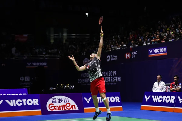 Jogador Profissional Japonês Badminton Kento Momota Compete Contra Jogador Profissional — Fotografia de Stock