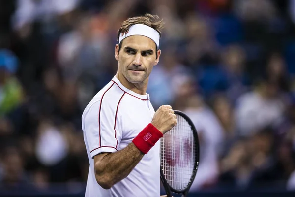Roger Federer Svájci Profi Teniszező Belga David Goffin Ellen Versenyez — Stock Fotó