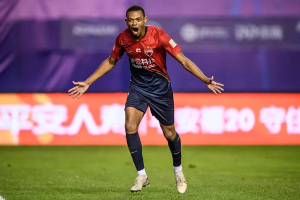 Jogador Futebol Colombiano Harold Preciado Shenzhen Comemora Depois Marcar Durante — Fotografia de Stock