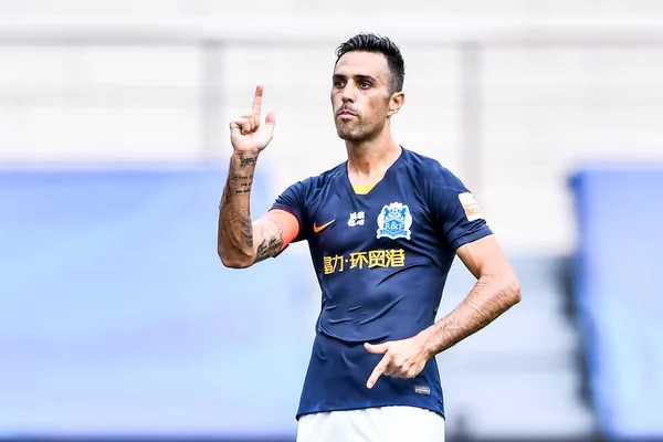 Israelisk Fotbollsspelare Eran Zahavi Från Guangzhou Firar Efter Poäng Ett — Stockfoto