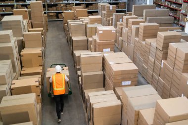 Lojistik depo çalışanı bir yük arabasıyla kutu teslim ediyor.