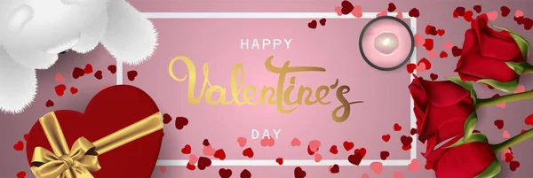 Felice Giorno San Valentino Design Sfondo Candela Illuminazione Rose Realistiche — Vettoriale Stock