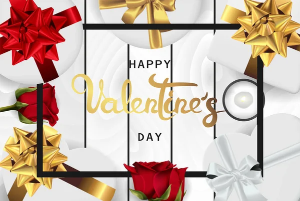 Fröhlicher Valentinstag Hintergrunddesign Der Beleuchtung Kerze Realistische Rosen Mit Geschenkbox — Stockvektor