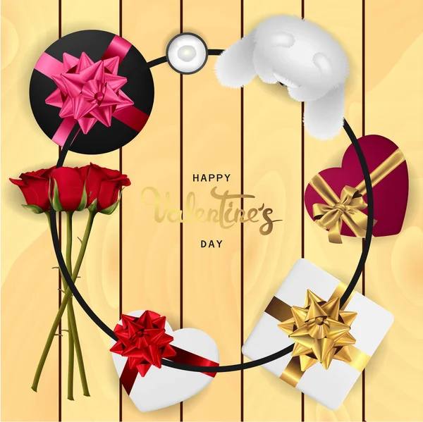 Fröhlicher Valentinstag Hintergrunddesign Der Beleuchtung Kerze Realistische Rosen Mit Geschenkbox — Stockvektor