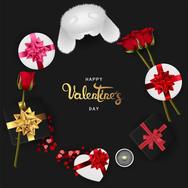 Szczęśliwy Transparent Walentynki Tło Projektu Oświetlenia Świecy Realistyczne Róże Prezenty — Wektor stockowy
