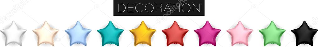 Collection of realistic vector foil helium star shaped balloons isolated on white background