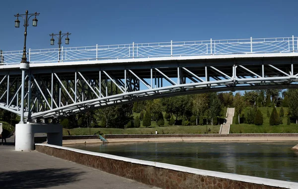 Element van de brug, lampen, lantaarn in het park tegen de hemel — Stockfoto