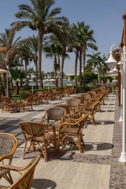 Hurghada, Makadi Bay, Mısır ,12 Haziran 2018, öğlen restoranın yaz terasında rattan mobilya palmiye ağaçlarının arka planda insanlar olmadan