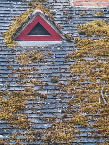 Altes Dreieckiges Dachfenster Mit Rotem Rahmen Auf Schwarzen Ziegeln Und — Stockfoto