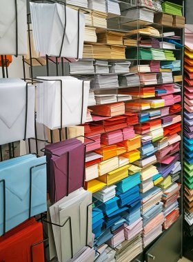 Mağazadaki raflardaki farklı renk ve boylarda zarfların arkaplanı. Kırtasiye ve sanat mağazası. Sıralanmış zarflar ve kağıtlar.