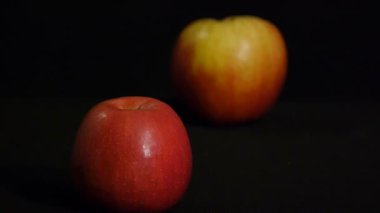 Siyah bir arka planda izole iki kırmızı elma hala hayat. Kapat şunu. Refocusing.