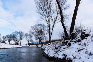kış mevsiminde kırsal doğa, nehir ve ağaçlar 