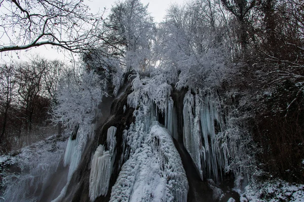 Riesige Kalte Eiszapfen Auf Dem Hintergrund Der Natur — Stockfoto