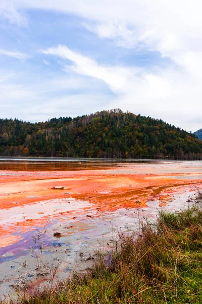 Impresionante Vista Naturaleza Con Río Color Naranja Árboles Verdes Alrededor — Foto de Stock