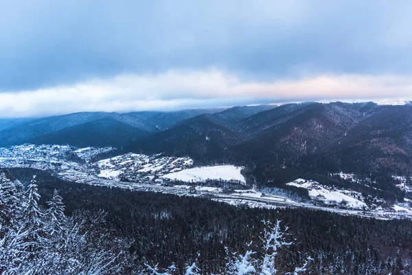 Kabarık kar ve ağaçlarla kaplı inanılmaz dağ manzarası