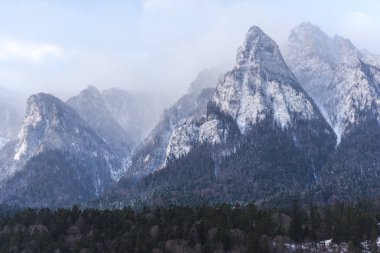 Kabarık kar ve ağaçlarla kaplı inanılmaz dağ manzarası