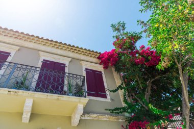 pembe çiçek açan ağaç evi parlak güneş ışığı altında tarafından