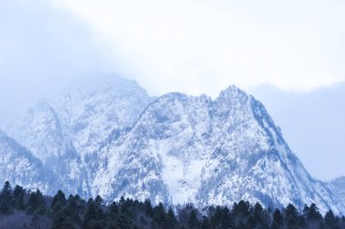 Kabarık kar ve ağaçlarla kaplı inanılmaz dağ manzarası