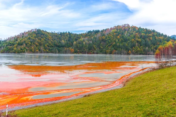 Impresionante Vista Naturaleza Con Río Color Naranja Árboles Verdes Alrededor — Foto de Stock