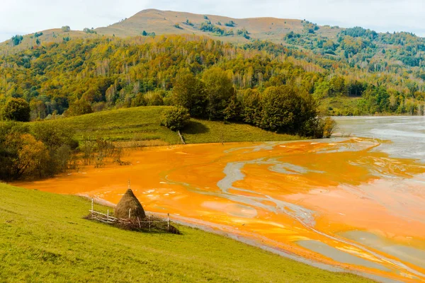 Impresionante Vista Naturaleza Con Río Color Naranja Árboles Verdes Alrededor — Foto de Stock