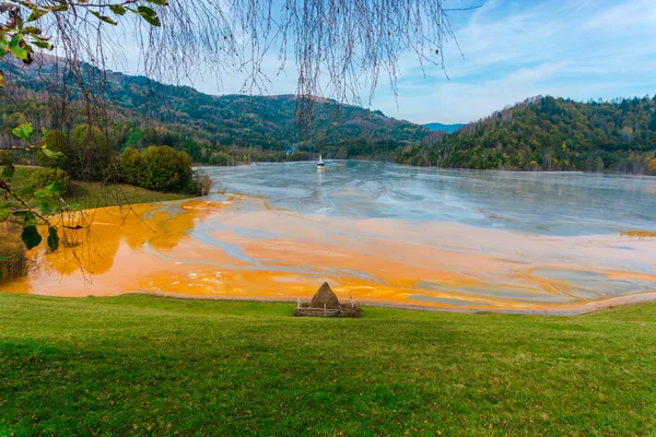 Impresionante Vista Naturaleza Con Río Color Naranja Árboles Verdes Alrededor — Foto de Stock