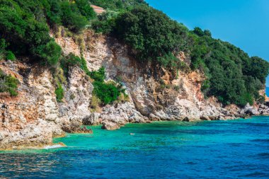 Görünüm kıyı Tepesi'nin deniz ve mavi gökyüzü ile gür yeşilliklerle kaplı