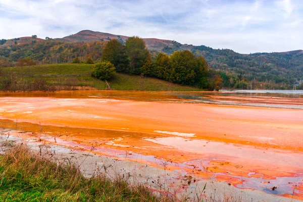 Impresionante Vista Naturaleza Con Río Color Naranja Árboles Verdes Alrededor — Foto de Stock